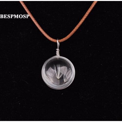 Bespmosp 24PCS/Lot Wholesale Vintage Dandelion Seed Glass Cabochon Wish Bottle Leather Rope Chain Pendant Necklace Charm Jewelry