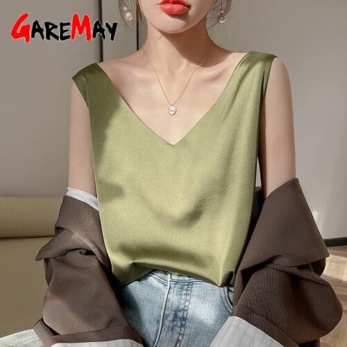 Beautiful Womens Blouses New Sleeveless Elegant Shirt Office Uniform V Neck Basic Female Silk Satin Blouse Summer Tunic Top