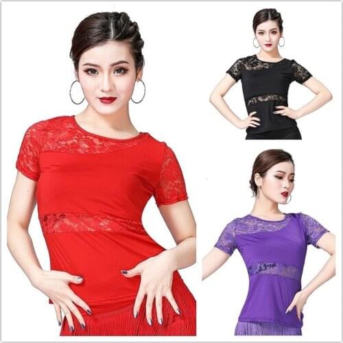 Women Latin Dance Blouse T-shirt Top Ballroom Dancewear Lace Salsa Tango Practice 904-B134