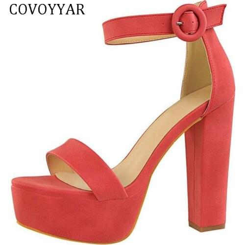COVOAR 2019 Buckle Strap Womens Pumps Elegant Open Toe Lady High Heels Stiletto Flock Platform Candy Color Casual Shoes WHH685