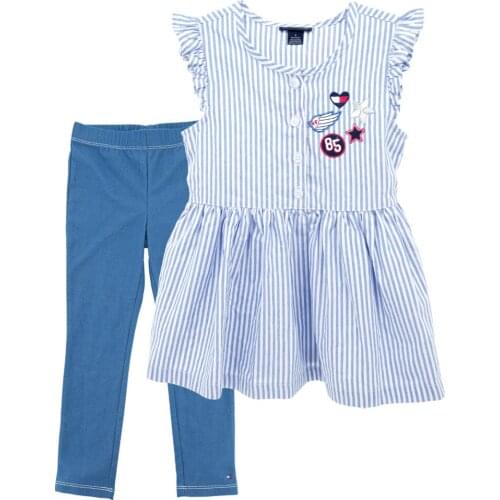 Honeyzone Blue Stripe Print Summer Cool Top Kids Clothes Girls Jeans Pants Children Fashion Clothing Set Roupa Menina
