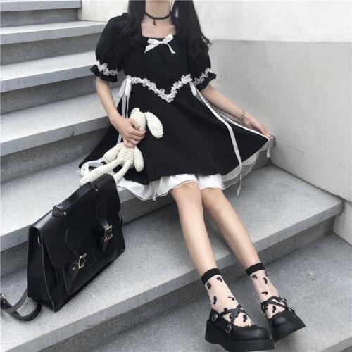 Gothic vintage Lolita little black dress Harajuku puff sleeve retro maid loli soft sister cute retro Japanese ruffled dress