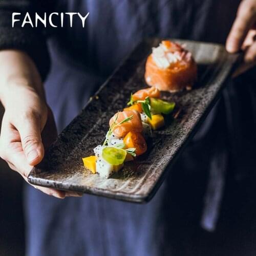 FANCITY Japanese style rectangular stone pattern ceramic plate sushi plate dessert plate retro flat plate dish Japanese cuisine