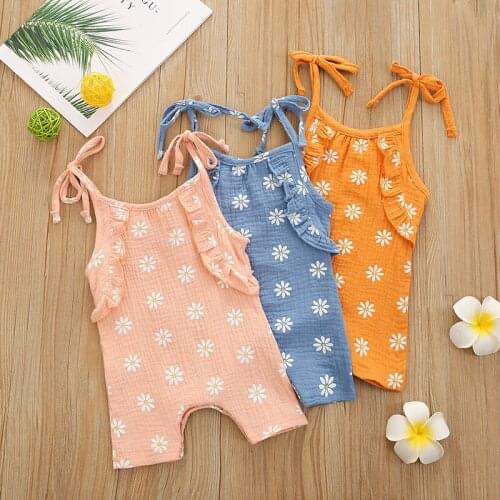 Summer Infant Baby Girls Romper Jumpsuits Cotton Linen Floral Print Newborn Clothing