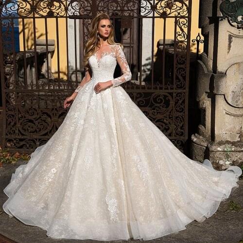 Long Sleeve Appliques Lace A-line Wedding Dresses Vestido Branco Buttons Up Back Floor Length Princess Wedding Gowns Bodas