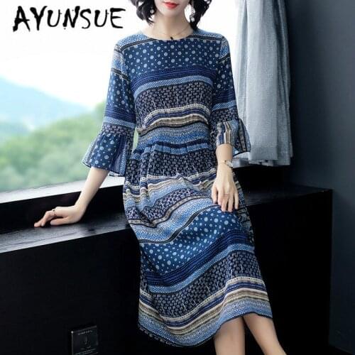 Summer Dress Women Real Silk Vintage Women Dresses Print Midi Party Dress Elegant Beach Dress Vestido Mujer P8149 YY2550