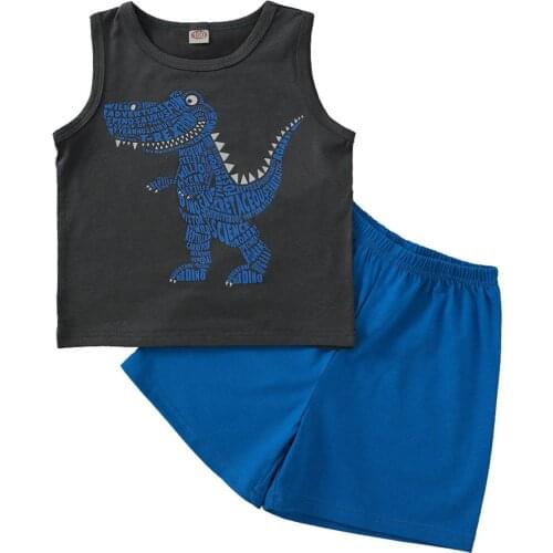 Citgeett Summer Kids Boys Outfit Sleeveless Cartoon Dinosaur Printing Vest + Solid Color Shorts Set Clothes