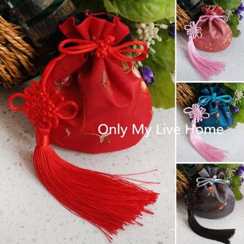 Chinese knot Tassel Small Bags for Gift Jewelry Pouch Embroidery fruit Satin Cloth Bags Drawstring Craft Bag Sachet 11x13cm 2pcs