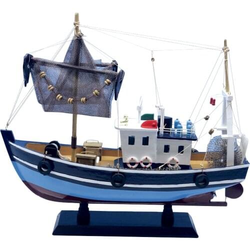 LUCKK 38CM Blue Fishing boat Model Wood Crafts Nautical Retro Model Ship Model Wooden Sailboat For Toys Gifts Home Decor 2257-38