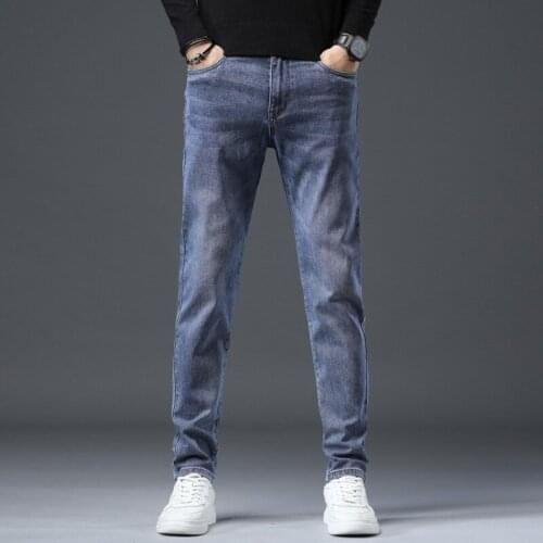 Mens Autumn Fashion Cotton Slim Fit Stretch Skinny Blue Jeans Straight Leg Washed Work Smart Casual Denim Pants Size 28-40