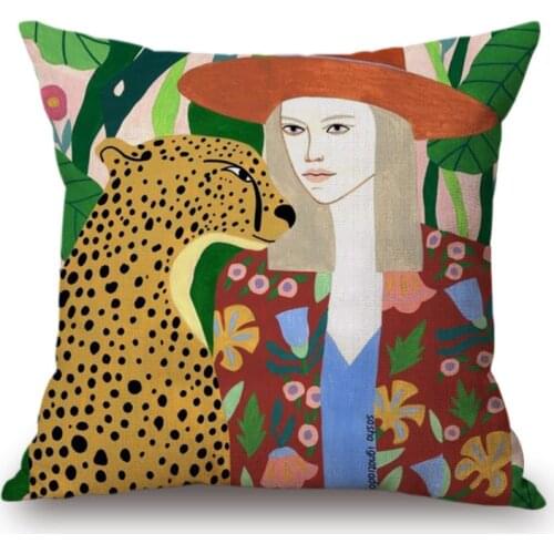 Flora Tiger and Girl Watercolor Cushion Cover Home Decorative Illustration Square Pillowcase Linnen Fabric Craft Leopard Lady