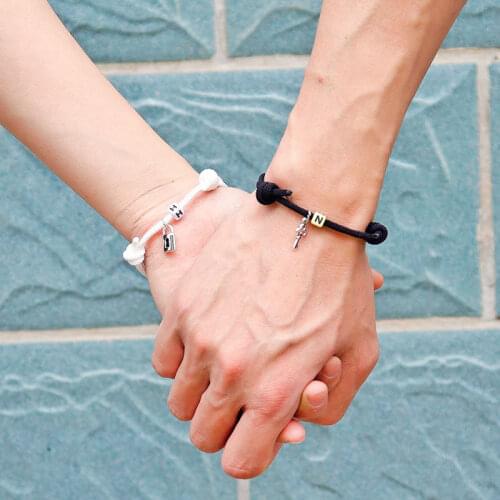 Personalized Name Bracelet For Couple Handmade Braided Black White Rope Braclet Paired Lock Key Braslet Magnet Brazalete Gift