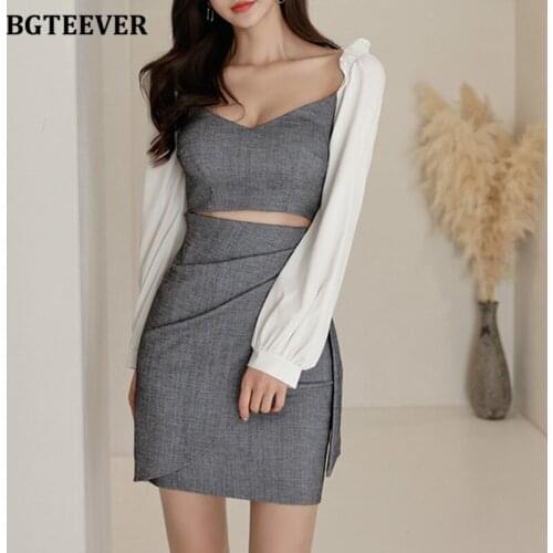 BGTEEVER Stylish Patchwork Square Collar Women Package Hip Dress Casual Slim Waist Female Short Dresses Summer Vestidos 2021