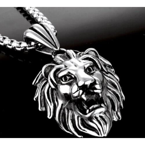Popular Sale Mens Vintage Silver Stainless Steel Lion Pendant Box Necklace Free Good Gift for Boyfriend