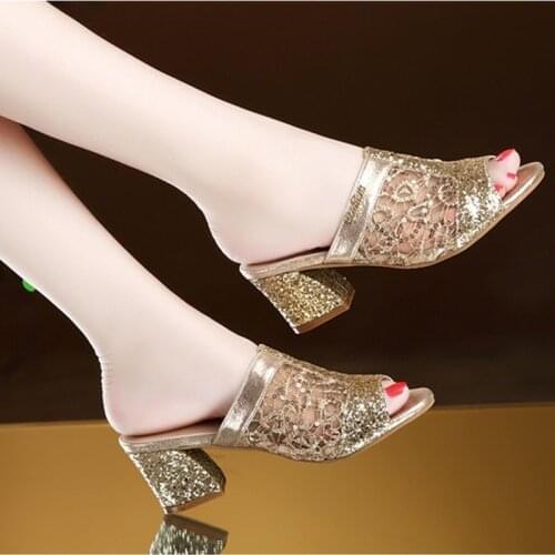 Woman Summer Sandals Gold Open Toe Sandal Lace Dress Shoes Womens High Heels Sandals Square Heeled Pumps Ladies Shoes