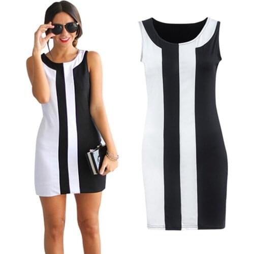 Sexy Sleeveless Patchwork Party Dresses Women Sexy Office Dress Summer Fashion Black White O-Neck Stitching Dress