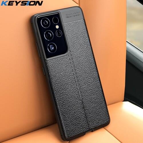 KEYSION Shockproof Case for Samsung Galaxy S21 Ultra 5G S21+ Leather Texture Soft Silicone Phone Back Cover for Samsung S21 Plus