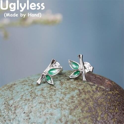 Uglyless Glass Bamboo Studs Earrings for Women Real 925 Sterling Silver MINI Brincos Ethnic China Chic Bamboo Leaf Earring Retro