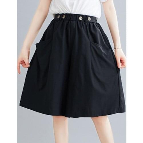 High Waist Wide Leg Pants Women Capris Solid Loose Culottes Trousers Khaki/Black Elastic Waist Five-Point Pants Plus Size XL/XXL