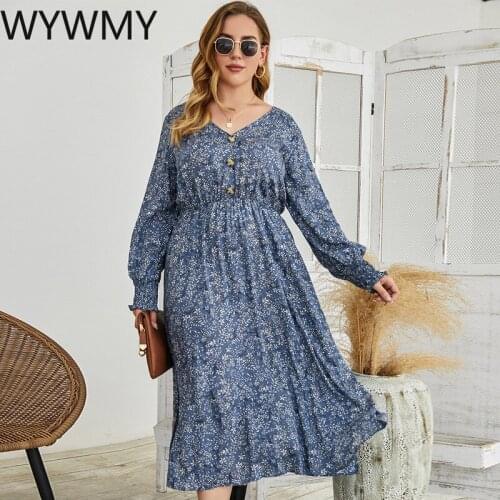 WYWMY Plus Size Vintage Dress Floral Print Women Boho Long Sleeve Dresses Robe XXL Vestidos Casual Party Dress for Women 2021