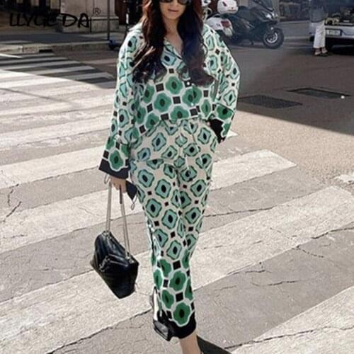 Green Print Trousers Women Suits Turn-down Collar Set Woman 2 Pieces 2021 Autumn High Waist Single Breasted Ladies Elegant Sets