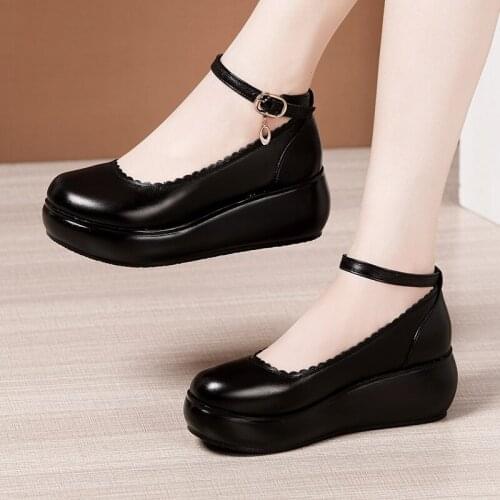 Breathable Fall Spring Platform Shoes Women Pumps 2020 Black Medium Heel Wedges Shoes Mother Shoe for Work Dance 41 42 43