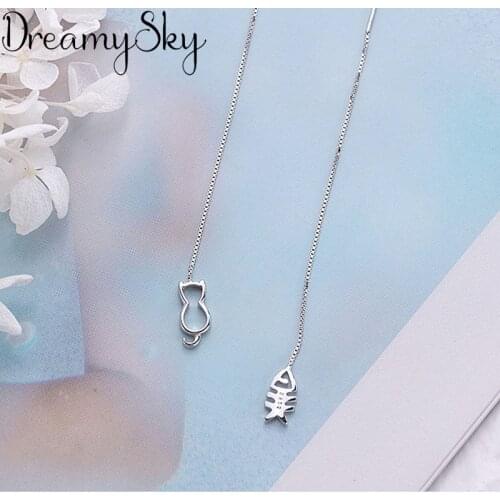 DreamySky 100% Real Silver Color Jewelry Korean Vintage Long Cat Fish Earrings For Women Gift Joyas Pendientes Brincos