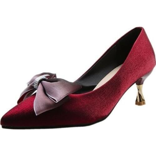 2021 Autumn Womens Shoes Pumps Slip-On Solid Butterfly-knot Shallow Fashion Sexy High Heels Thin Heels Flock Lazy Shoes