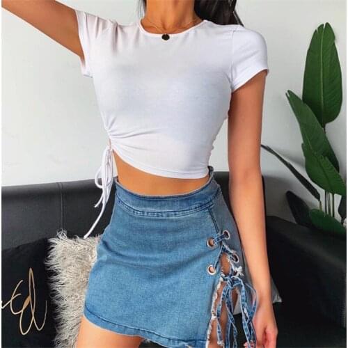 Women’s Top Summer Short Sleeve Solid Color Round Neck Crop Top C-Shaped Drawing Straps Slim Wild Fashion Top Shirt