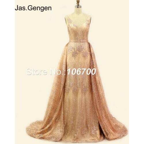 Hot Sale Detached Tail Two Pieces vestidos de fiesta Prom Dresses V Neck Long Gold Glitter Fabric Bridal Evening Gowns 1141