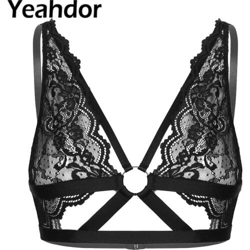 Women Sexy Lingerie Bras Top See-through Floral Lace Strappy Bra Tops Hollow Out O-ring Bralette Brassiere Exotic Underwear