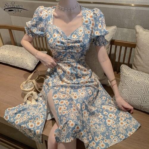 Summer New Floral Dress Women Oversize Korean Print Dress French Style Puff Sleeve Chiffon Split Dress Women Summer Clothes14555