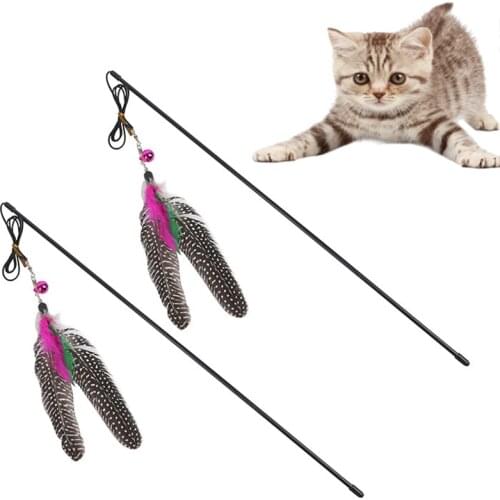 1pc Plastic Bird Feather Newly Design random Pet Cat Catcher Teaser Toy With Bell Funny Long Size Turkey Feather Plush Cat Toy
