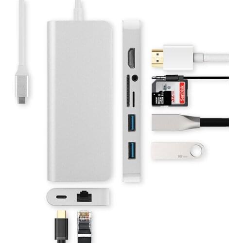 8 IN 1 PD HD-MI 4K USB3.0*2 Gigabit Ethernet port SD Micro sd qux port usb hub rj45 gigabit to type c