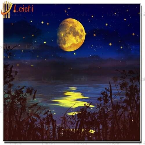 Diamond Embroidery Mountain forest landscape golden yellow moon stars Full round square Drill 5d DIY Diamond Painting mosaic set