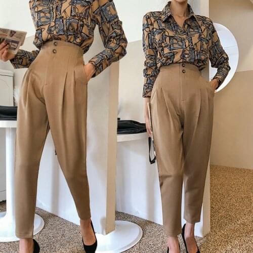 Brown Harm Pants for Woman High Waisted Chic Elegant Pencil Pants Woman Trousers Korean Style Business Fall 2021 Bottoms