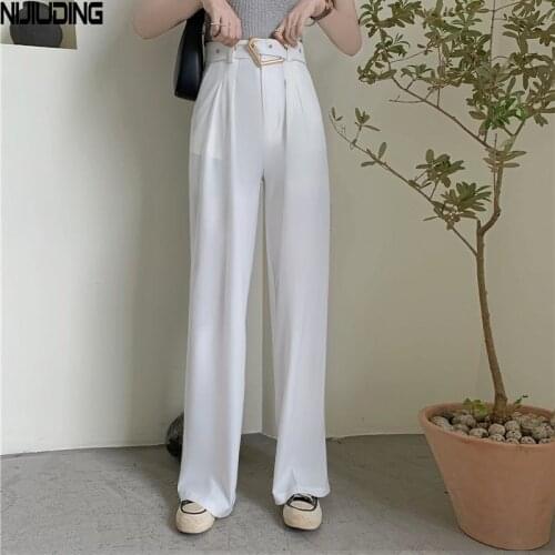 Office Ladies Wide Leg Pants With Belt 2020 Spring Autumn Loose High Waist Elegant Women Suit Pants Casual Female Long Trousers