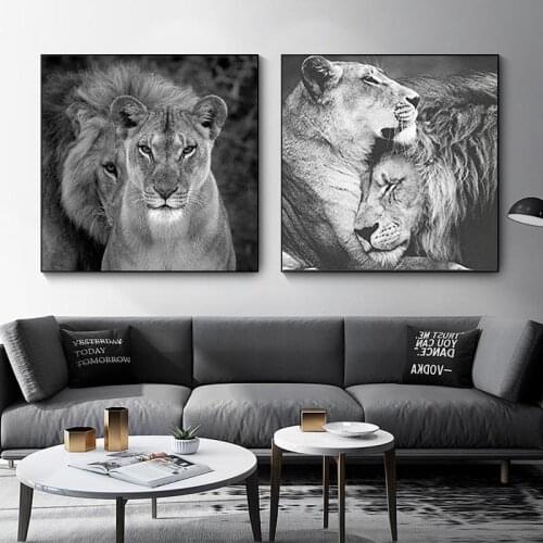 Black and White Lions Animals Art Canvas Poster Wild Landscape Painting Wall Art Pictures Graphic Gift Living Room Bedroom Decor