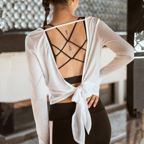 CretKoav Autumn New Open Back Long Sleeve T Shirt Womens Loose Breathable Running T-shirt Bandage Quick-drying Women Yoga Shirt