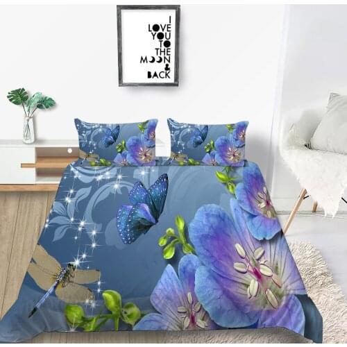 Floral Bedding Set Butterfly And Dragonfly Fantasy 3D Duvet Cover Blue King Queen Twin Full Single Double High End Bed Set