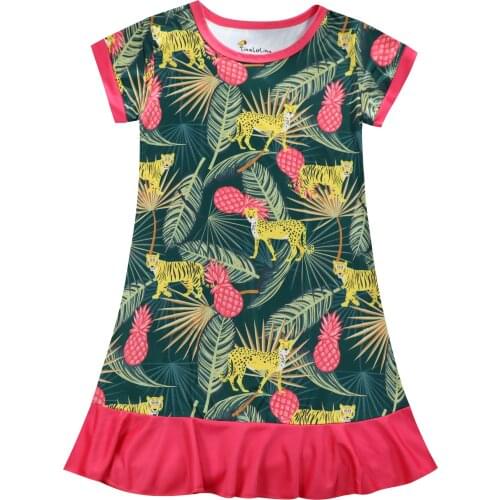Children Summer Short Sleeve Cartoon Animal Printed Dress Kids Leopard Lions Dresses Pineapple Forest 3D Print Dress Clothes