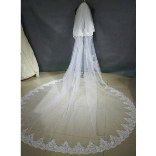 3M Long White /Ivory Bridal Veil Two Layer Lace Cathedral Wedding Fashion Veil With Comb