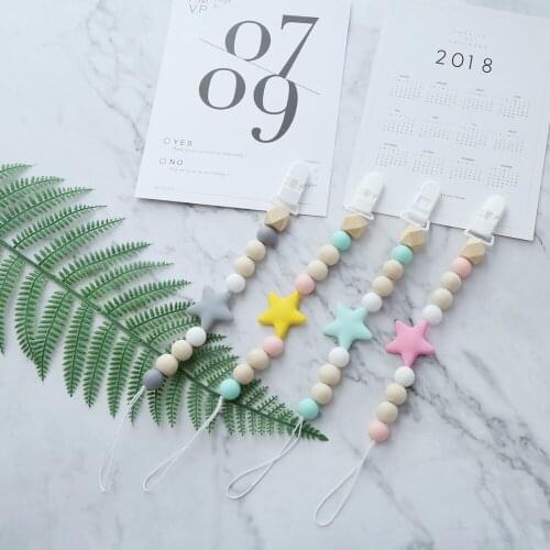 Handmade Eco-friendly Silicone Wooden Beads Baby Pacifier Chains Clip Stars/Letters/Flower Infant Teether Toys Pacifier Clips