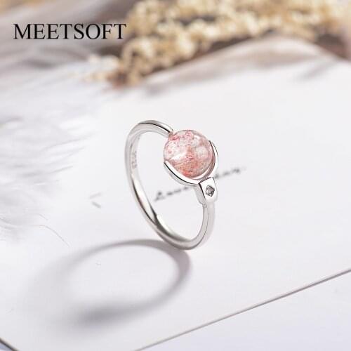 MEETSOFT Silver Plated Color Opening Ring For Women Simple Adjustable Strawberry Quartz Circle Spinning Bead Jewelry Gift