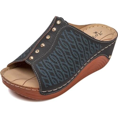 Brand New Design Womens Shoes High Quality PU Leather Mules Retro Rivet Wedges Summer Girls Chunky Casual Shoe Beach Slippers