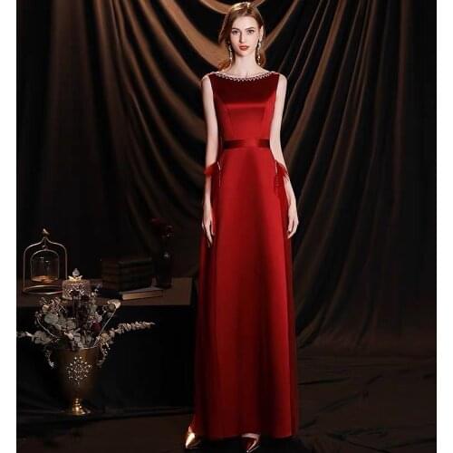 New Satin Burgundy Evening Dresses A-Line O-Neck Sequin Beading Banquet Wedding Formal Guests Celebrity Prom Party Gowns Elegant
