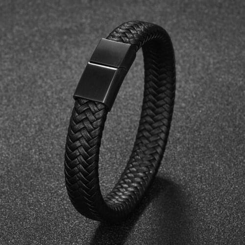 Punk Men Jewelry Black/Brown Braided Leather Bracelet Stainless Steel Magnetic Clasp Fashion Bangles Gift 18.5/22/20.5cm