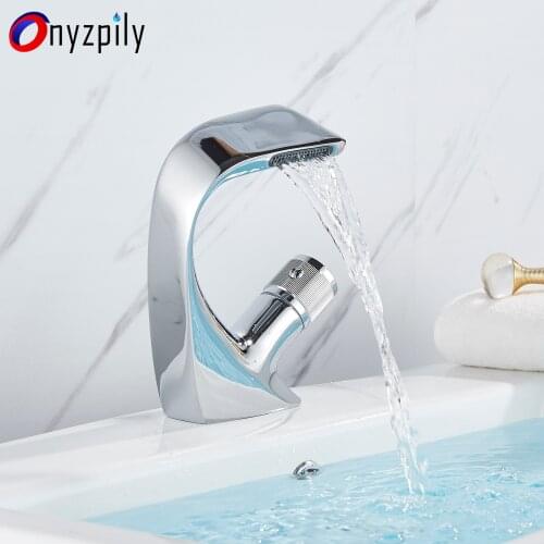 Onyzpily Bath Basin Faucet Brass Chrome Faucet Sink Mixer Tap Unique Vanity Waterfall Hot Cold Water Bathroom Faucets