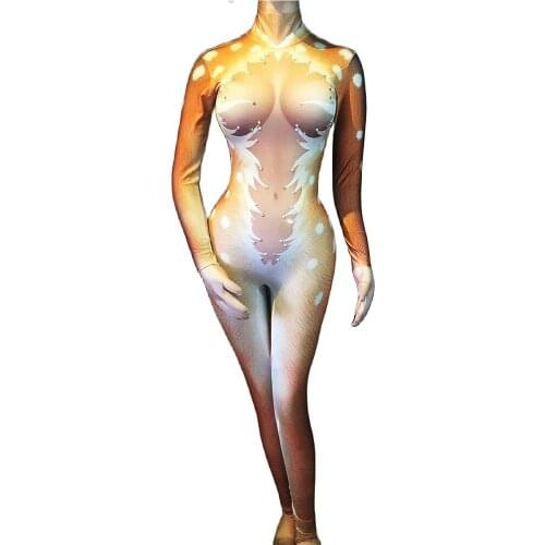 Elk Pattern Printing Rhinestones Tights Jumpsuit Christmas Performance Costumes Cosplay Costume Nightclub Dance Show Wear Women