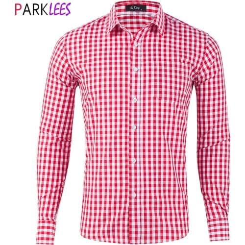 Mens Classic Gingham Plaid Cotton Casual Shirt Slim Fit Long Sleeve Button Down Dress Shirts Business Office Work Brand Shirt